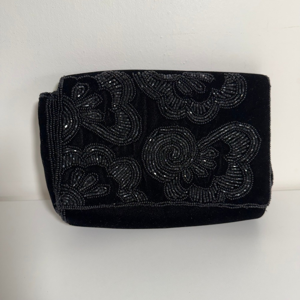 La Regale Beaded Velvet Clutch Womens Small Black Evening Bag Floral Formal